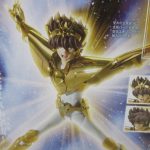 外箱裏面のポーズ写真のクローズアップ。「黄金の領域まで高まれ小宇宙」の惹句が入る。