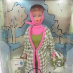 ドールの上半身を窓越しに撮影。顔とスカーフ、コートの柄が写る。