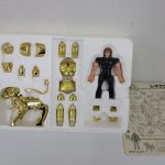 発泡スチロールに収まった聖衣パーツ、素体、説明書。
