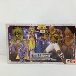 外箱の正面。「聖闘士聖衣神話 オピュクスシャイナ＆カシオス」のロゴとキャラクターの絵があります。