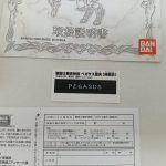 取扱説明書とアンケート用紙。「聖闘士聖衣神話 ペガサス星矢(神聖衣)」「PEGASUS」の文字が印刷されています。