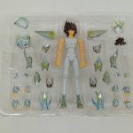 透明トレイに収まった本体とメッキのパーツ一式を上から撮った写真。