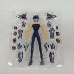 透明トレイに並んだ素体と、黒紫の聖衣の部品一式を上から写したもの