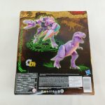 外箱の背面。ロボット形態と恐竜形態の写真、多言語の注意書き、右下に縦向きのバーコード。
