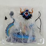 ブリスターに入ったカイドウの頭部と胴体、小さな人形、ひも状のパーツを上から写したところ