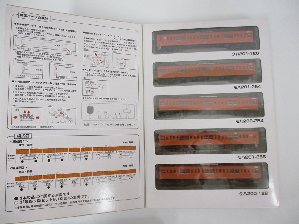 説明書の車両一覧。クハ201-128 など5両の図があります。
