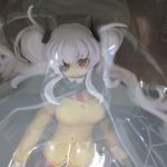 窓越しに撮影した本体の頭部。銀髪と眼帯の造形です。