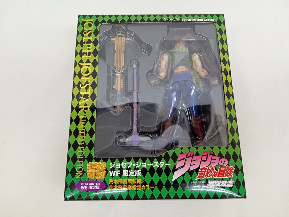 外箱の正面。『超像可動』『ジョセフ・ジョースター WF限定版』の印字と、窓越しの本体とボウガン