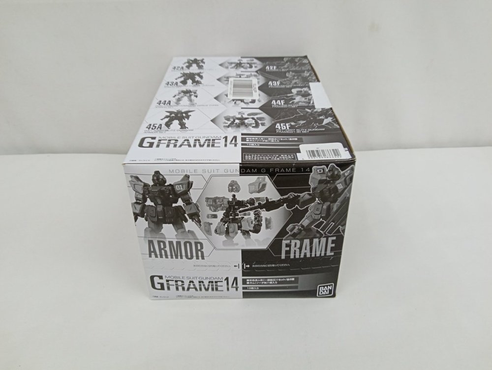 外箱を斜め上から。「G FRAME 14」のロゴと収録商品の写真、白いラベルが写っています。