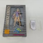 箱の正面。窓からジャイロ・ツェペリのフィギュアが見え、超像可動と STEEL BALL RUN のロゴ。横に袋入りのセリフ板と支柱